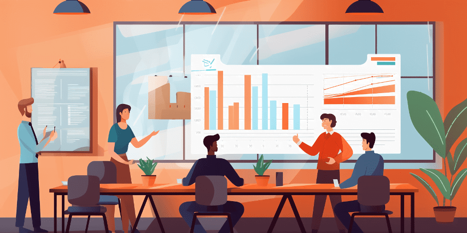 Illustration showing workers discussing a graph representing business growth