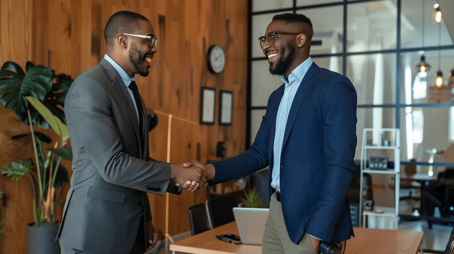 ceo of a fintech company shaking hands with new employee