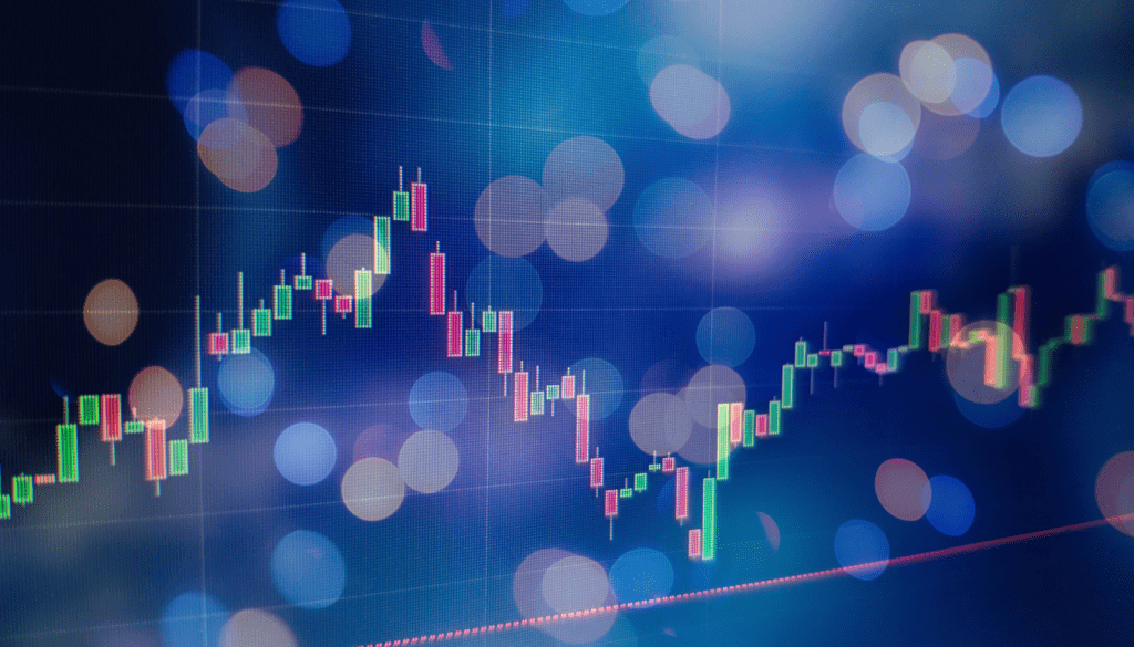 Illustration of a forex trading graph displayed on a computer screen. The graph shows the ups and downs of forex currency trading.